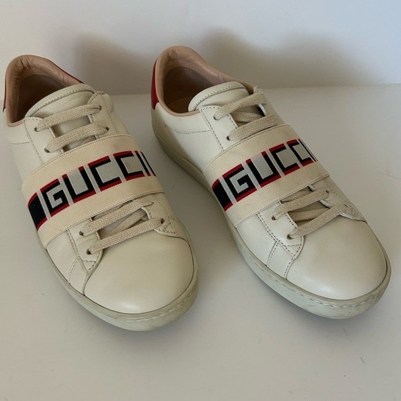 GUCCI Calfskin Stripe Ace Sneakers Trainers Mystic White Ecru Red Flame - 36.5